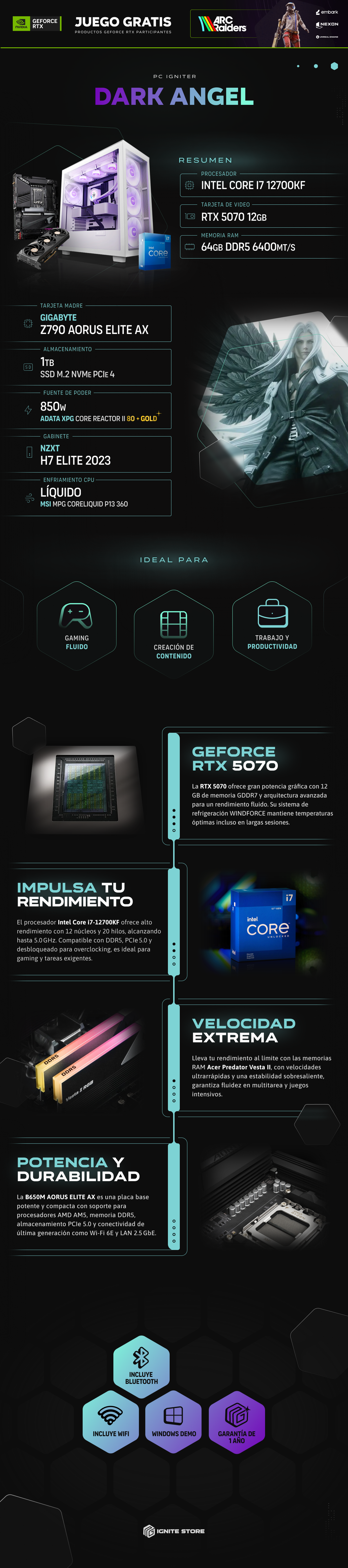 PC Igniter Dark Angel | Intel Core i7 12700KF | RTX 5070 12GB | 64GB de RAM | SSD 1TB