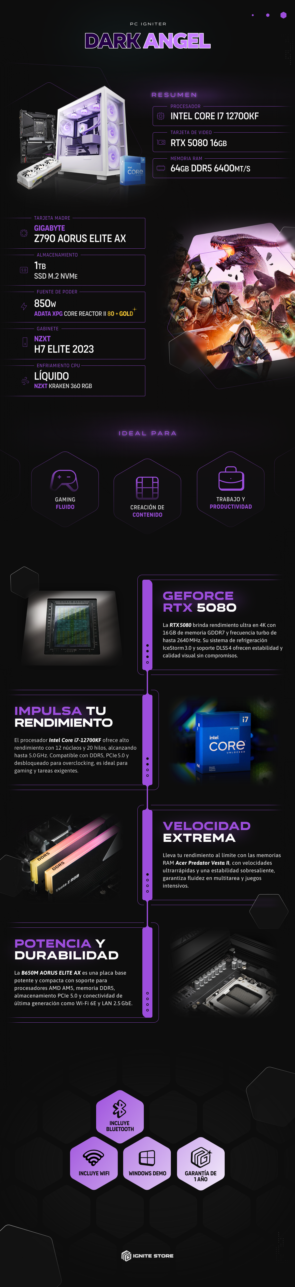 PC Igniter Dark Angel | Intel Core i7 12700KF | RTX 5080 16GB | 64GB de RAM | SSD 1TB