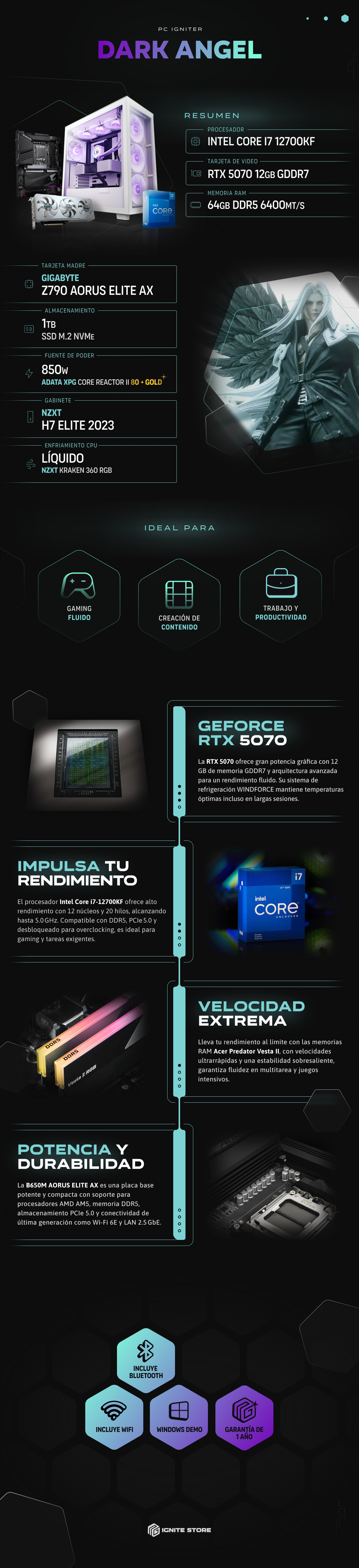PC Igniter Dark Angel | Intel Core i7 12700KF | RTX 5070 12GB | 64GB de RAM | SSD 1TB