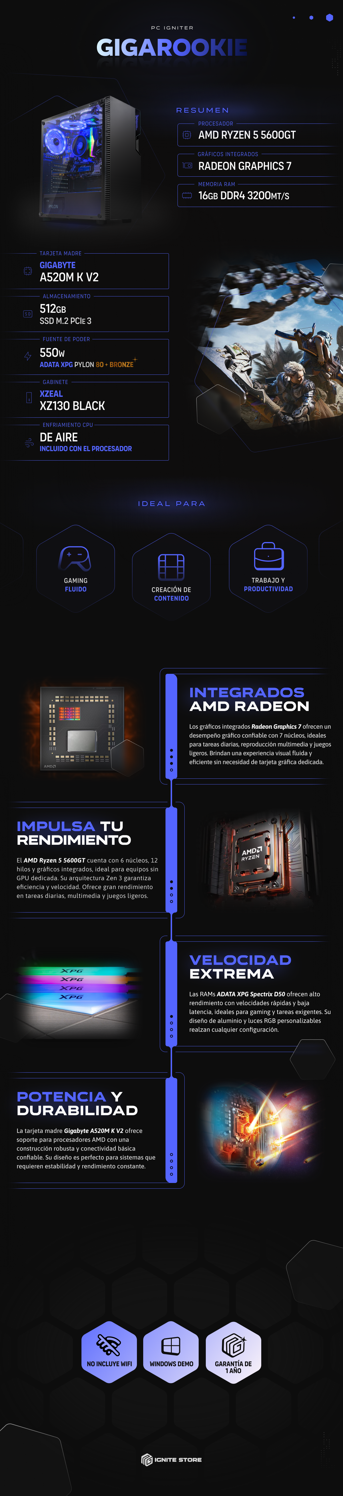 PC Igniter Gigarookie | R5 5600GT | 16GB de RAM | SSD 512GB