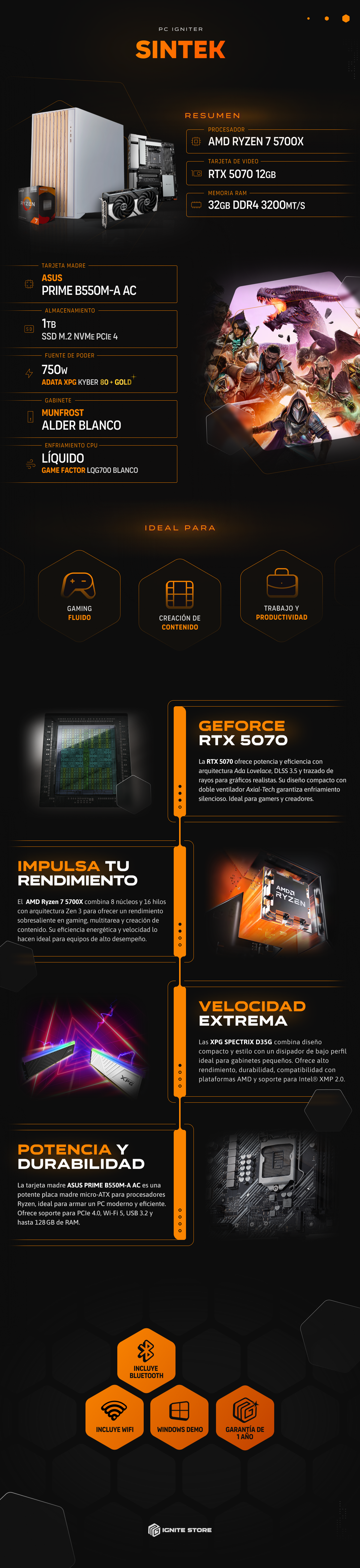 PC Igniter Sintek | R7 5700X | RTX 5070 12GB | 32GB de RAM | SSD 1TB