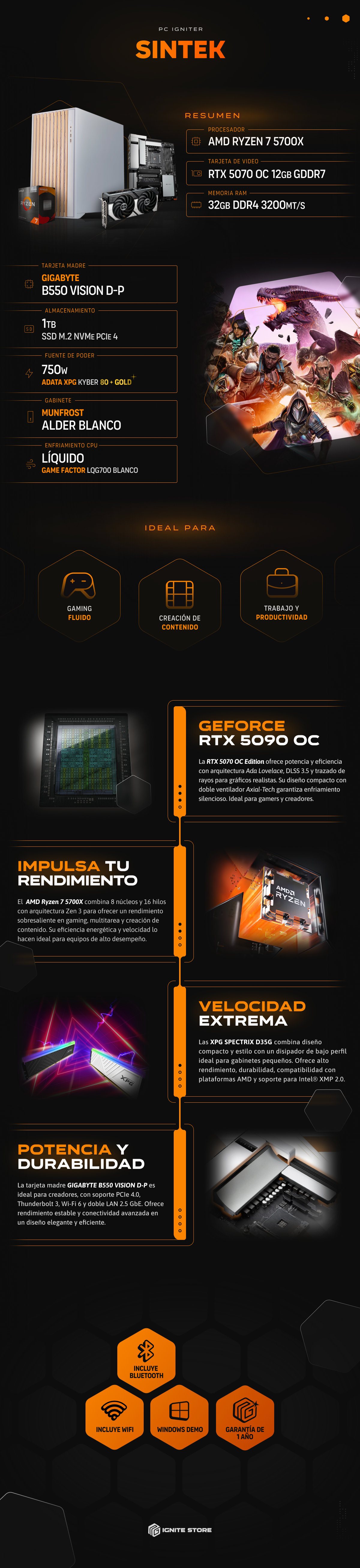 PC Igniter Sintek | R7 5700X | RTX 5070 12GB | 32GB de RAM | SSD 1TB