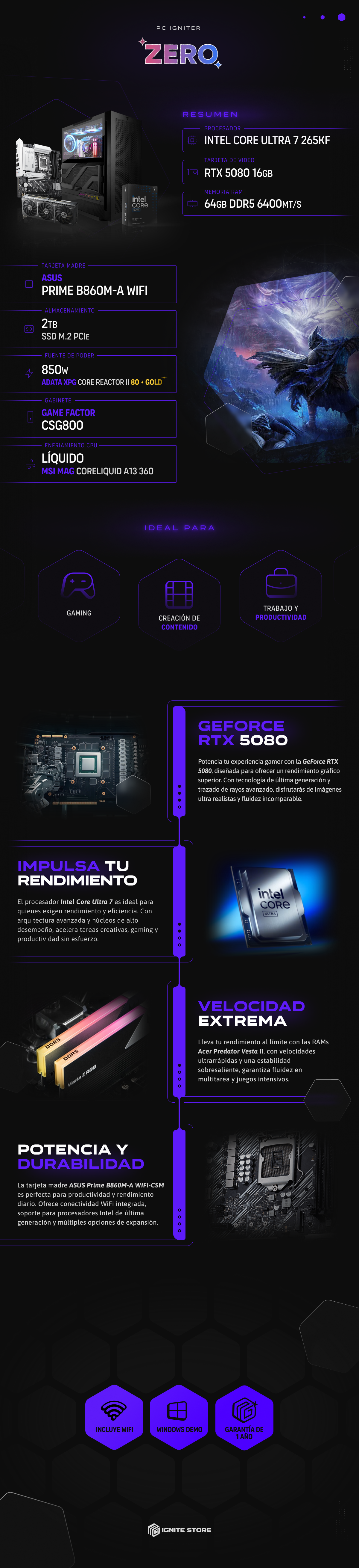 PC Igniter Zero | Core Ultra 7 265KF | RTX 5080 16GB | 64GB de RAM | SSD 2TB