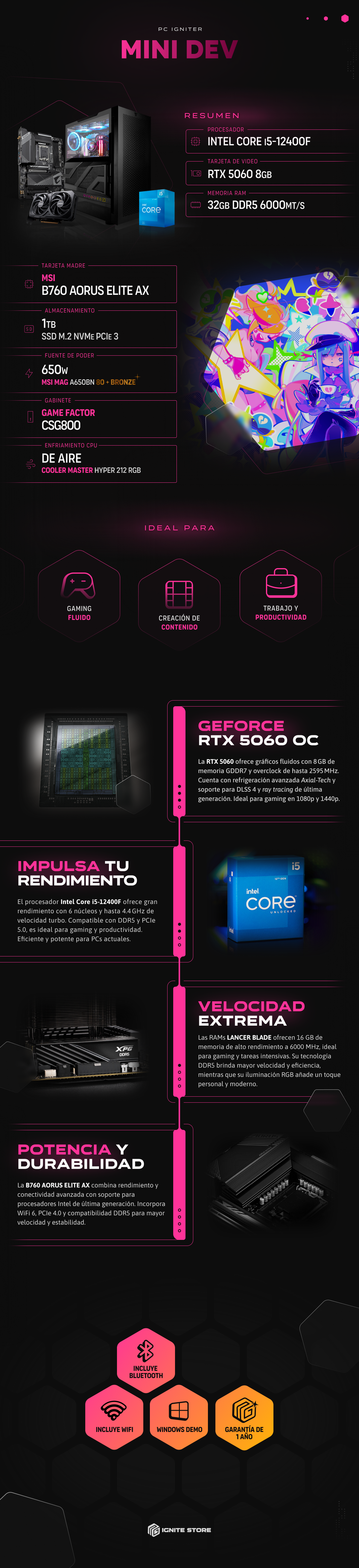 PC Igniter Mini Dev | Core i5 12400F | RTX 5060 8GB | 32GB de RAM | SSD 1TB