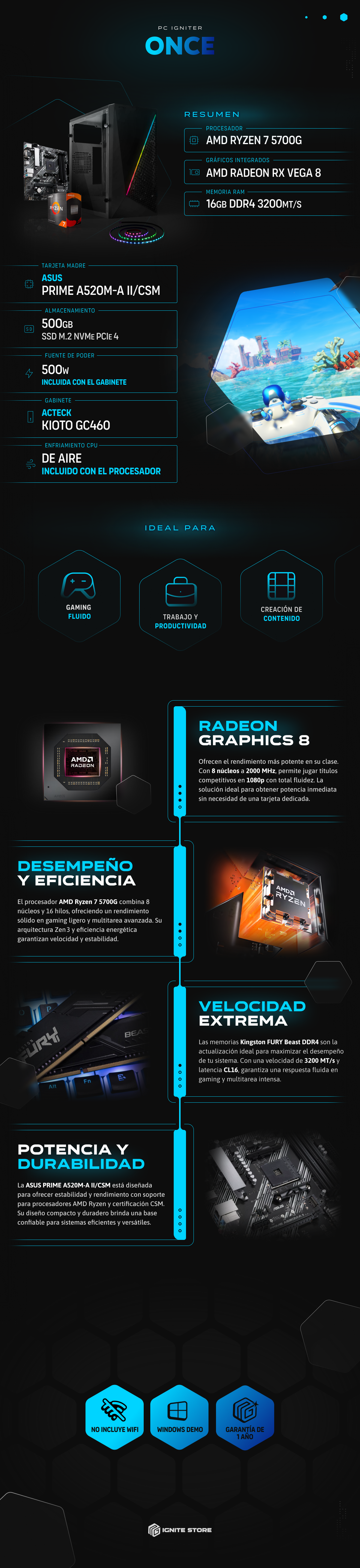 PC Igniter Once | R7 5700G | 16GB de RAM | SSD 500GB + Tira ARGB de Regalo