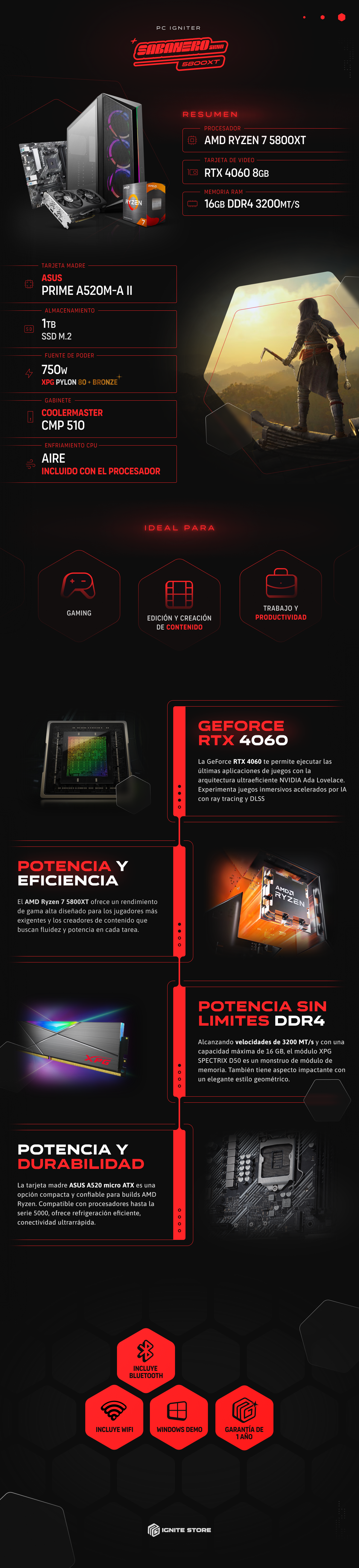PC IGNITER SABANERO GEEKEND - R7 5800XT + RTX 4060