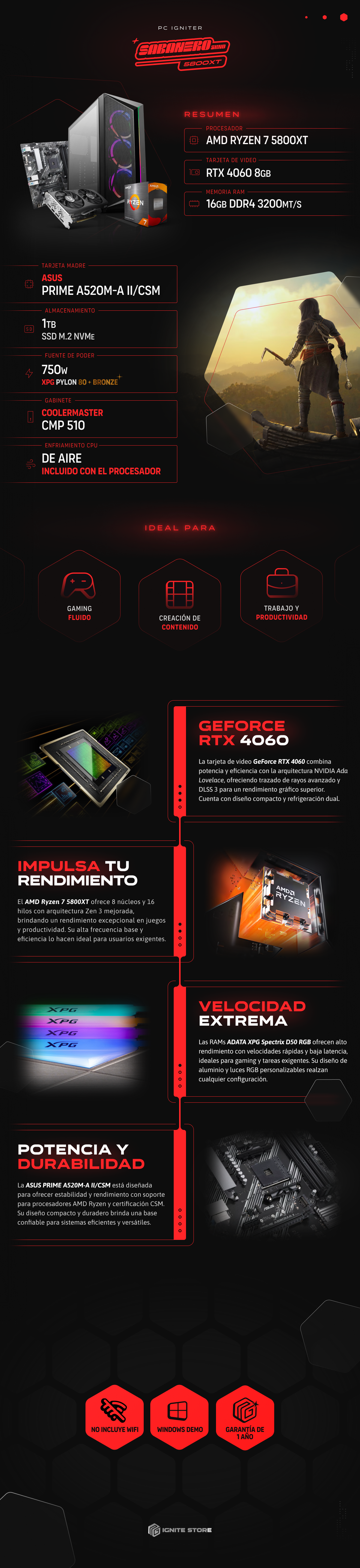 PC Igniter Sabanero Geekend | R7 5800XT | RTX 4060 8GB