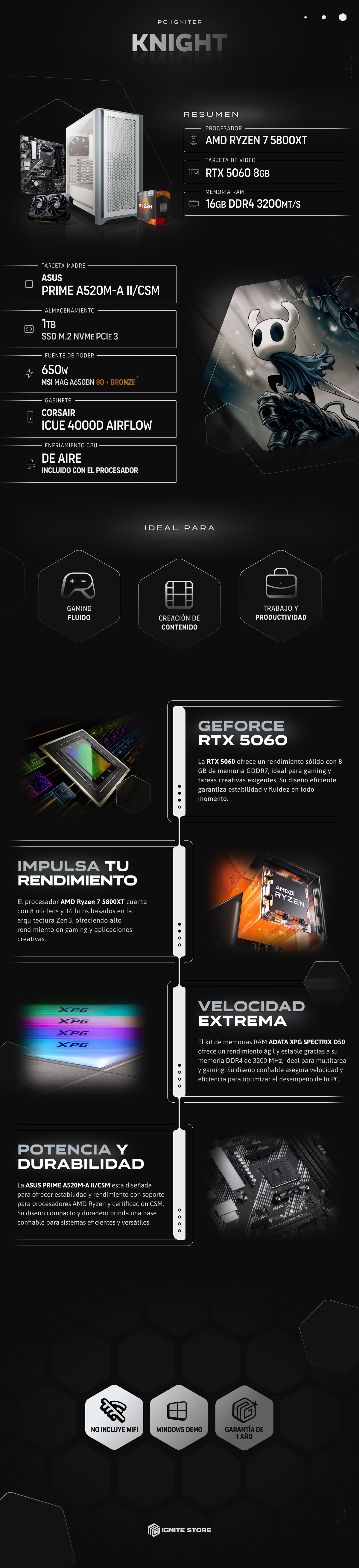 PC Igniter Knight | R7 5800XT | RTX 5060 8GB | 16GB de RAM | SSD 1TB