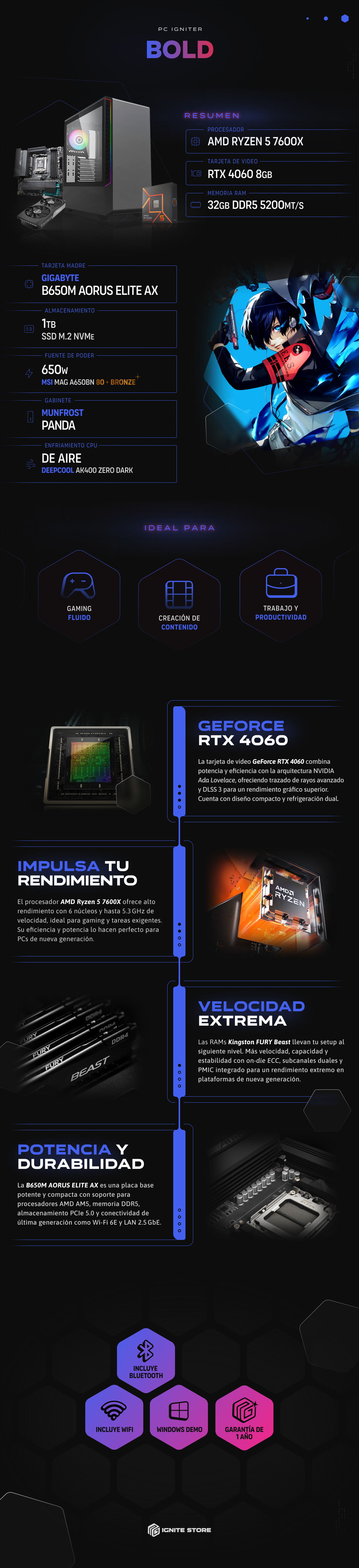 PC Igniter Bold | R5 7600X | RTX 4060 8GB | 32GB de RAM | SSD 1TB