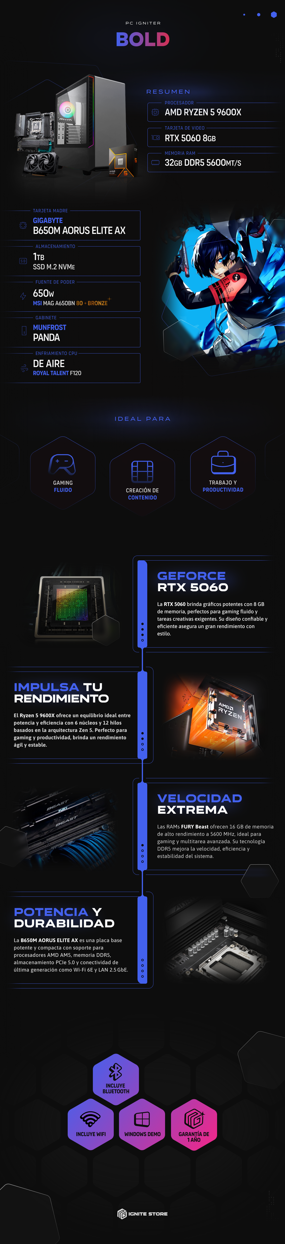 PC Igniter Bold | R5 9600X | RTX 5060 8GB | 32GB de RAM | SSD 1TB