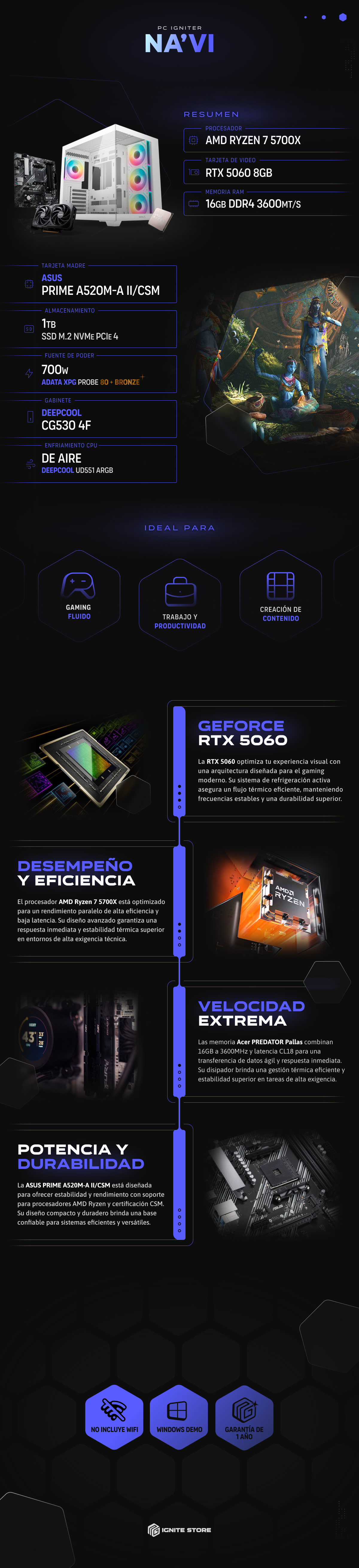 PC Igniter Na'vi | R7 5700X | RTX 5060 8GB | 16GB de RAM | SSD 1TB
