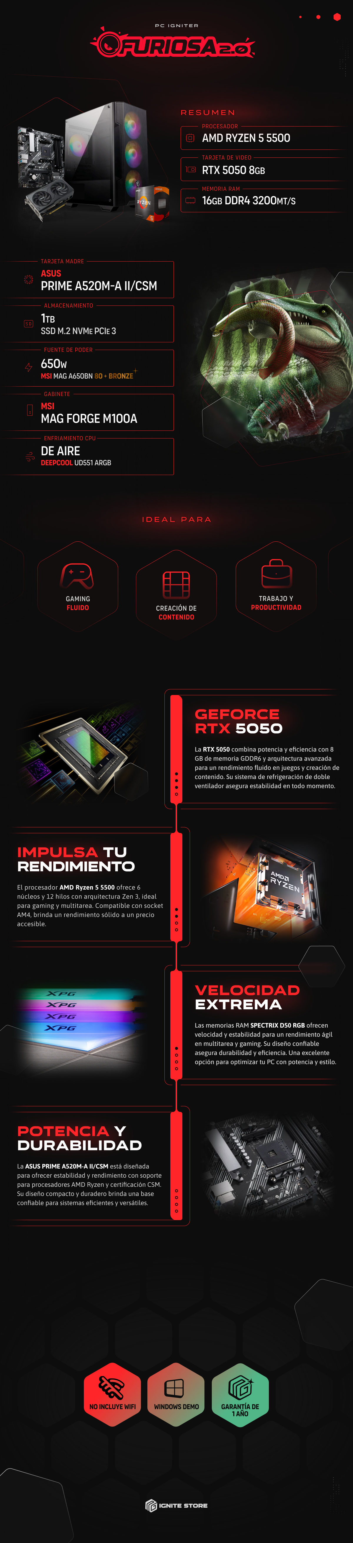 PC Igniter Furiosa 2.0 | R5 5500 | RTX 5050 8GB | 16GB de RAM | SSD 1TB