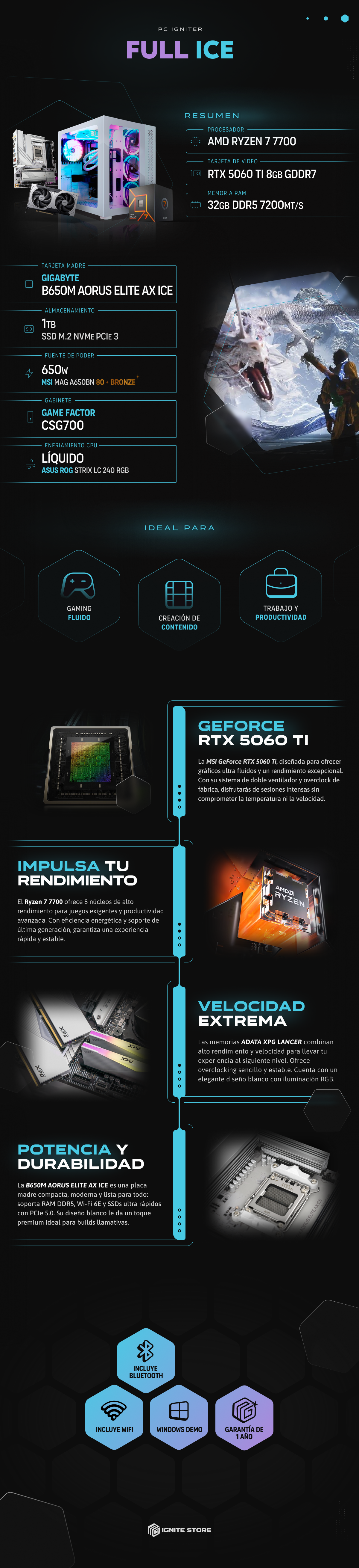 PC Igniter Full Ice | R7 7700 | RTX 5060 Ti 8GB | 32GB de RAM | SSD 1TB
