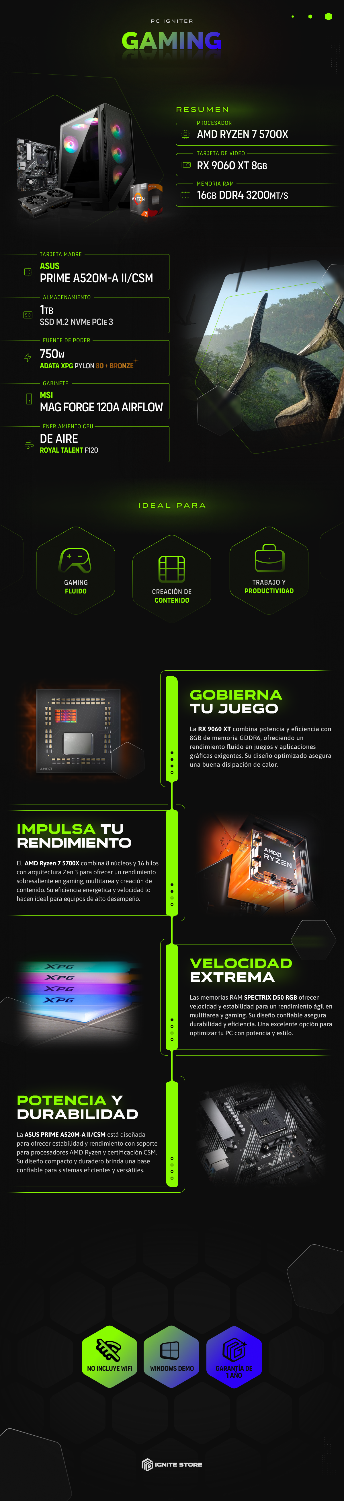 PC Igniter Gaming | R7 5700X | RX 9060 XT 8GB | 16GB de RAM | SSD 1TB