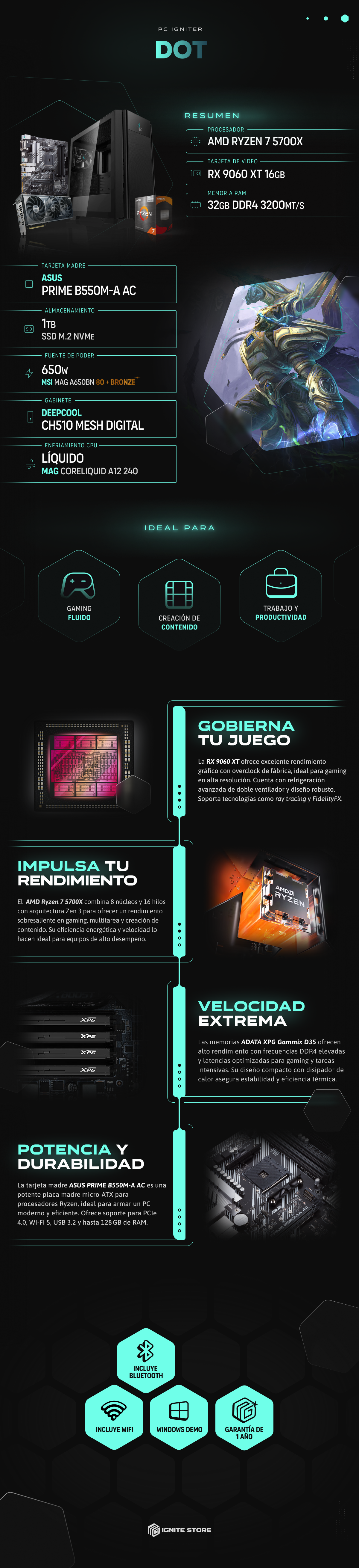 PC Igniter Dot | R7 5700X | RX 9060 XT 16GB | 32GB de RAM | SSD 1TB