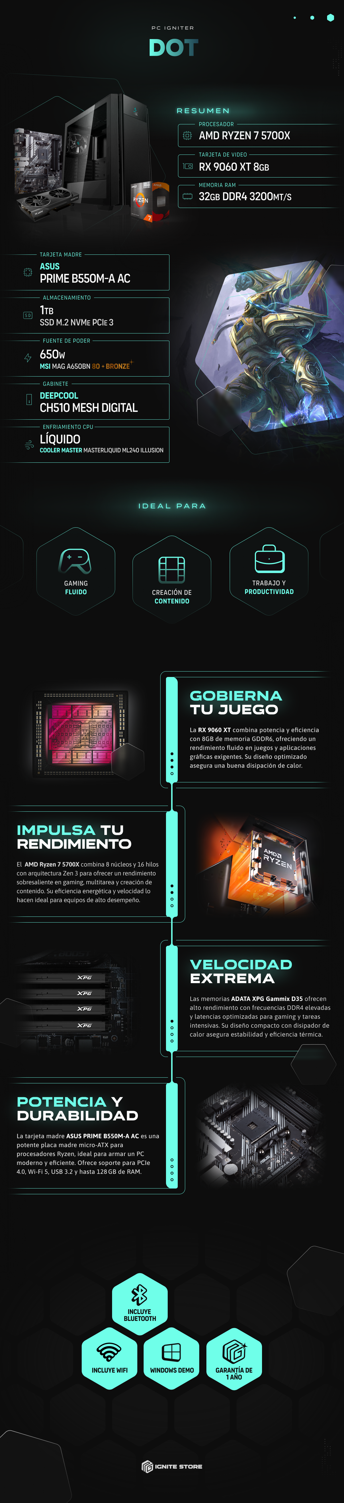 PC Igniter Dot | R7 5700X | RX 9060 XT 8GB | 32GB de RAM | SSD 1TB