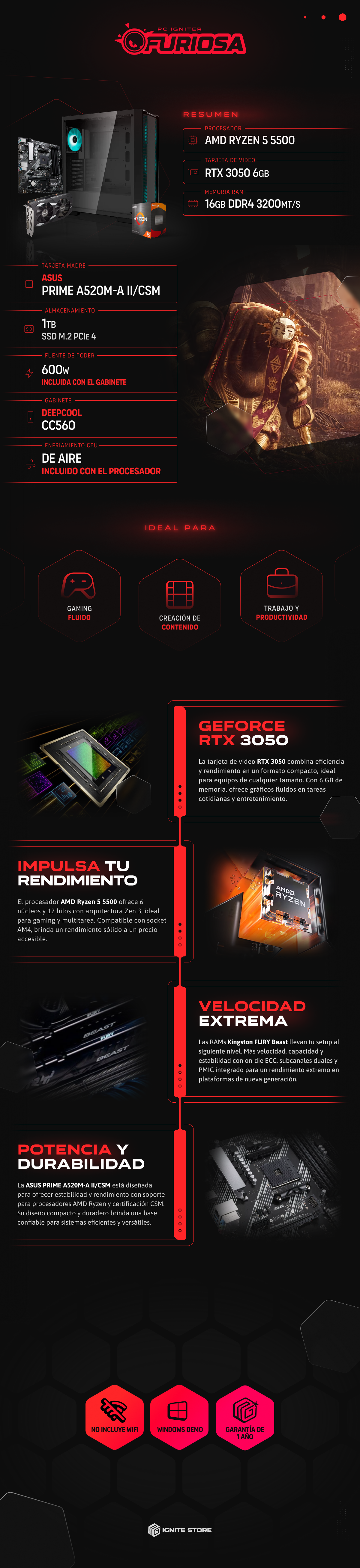 PC Igniter Furiosa | R5 5500 | RTX 3050 6GB | 16GB de RAM | SSD 1TB