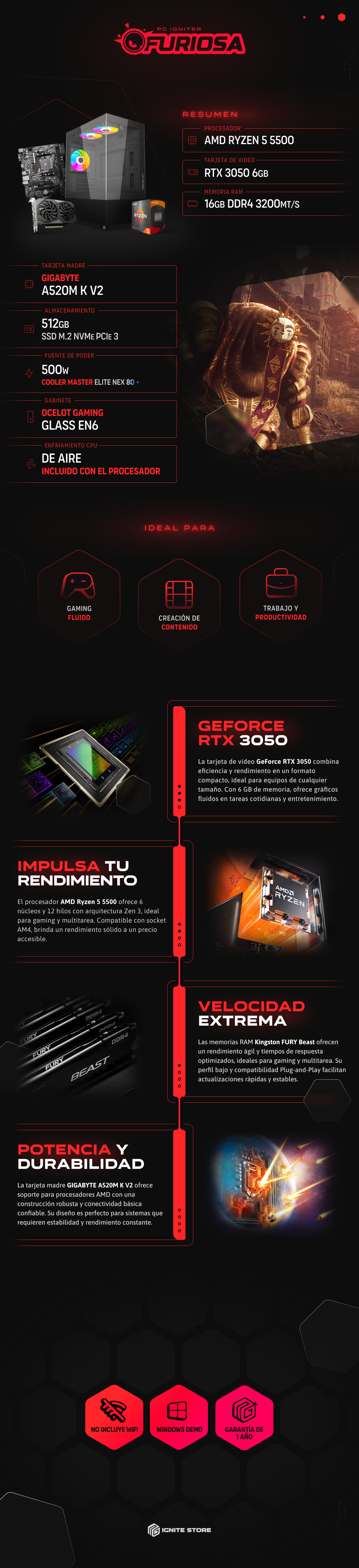 PC Igniter Furiosa | R5 5500 | RTX 3050 6GB | 16GB de RAM | SSD 512GB