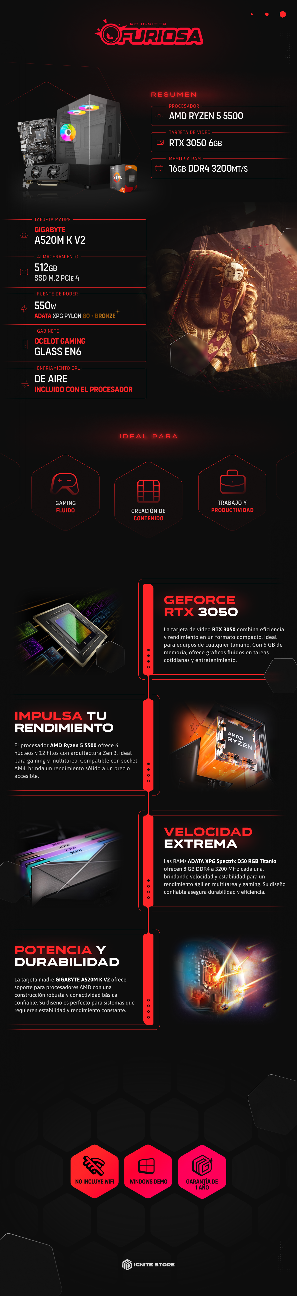 PC Igniter Furiosa | R5 5500 | RTX 3050 6GB | 16GB de RAM | SSD 512GB