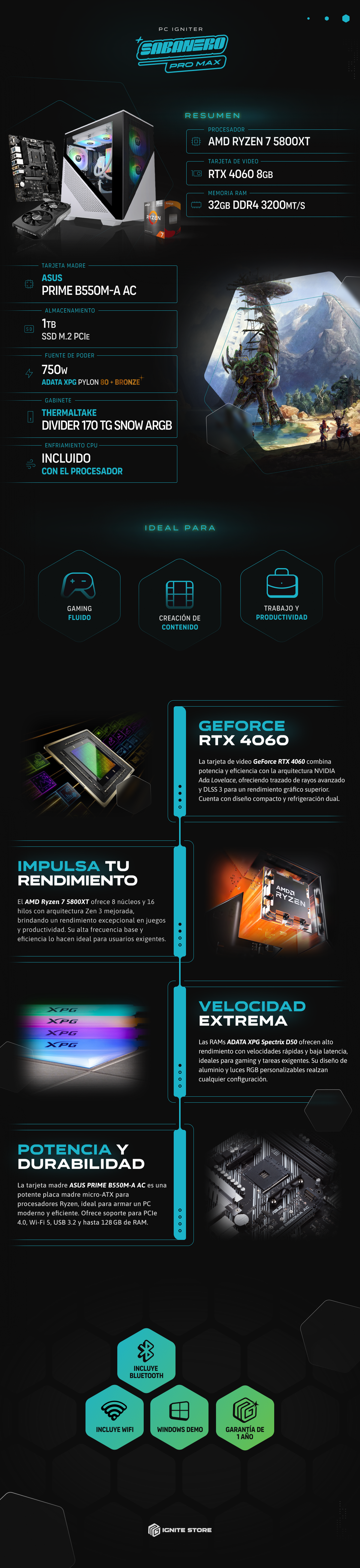 PC Igniter Sabanero Pro Max | R7 5800XT | RTX 4060 8GB | 32GB de RAM | SSD 1TB