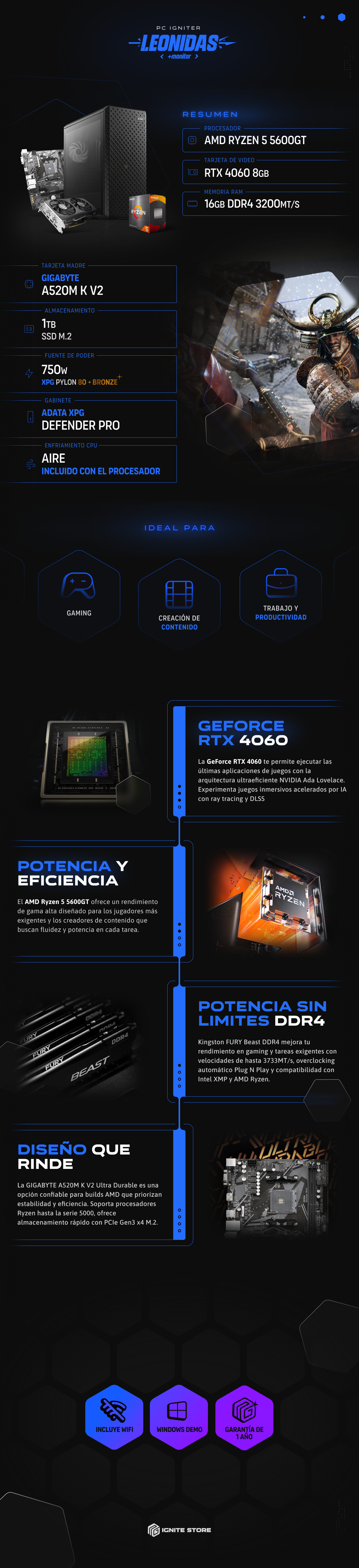 PC IGNITER LEONIDAS - R5 5600GT + RTX4060 + MONITOR