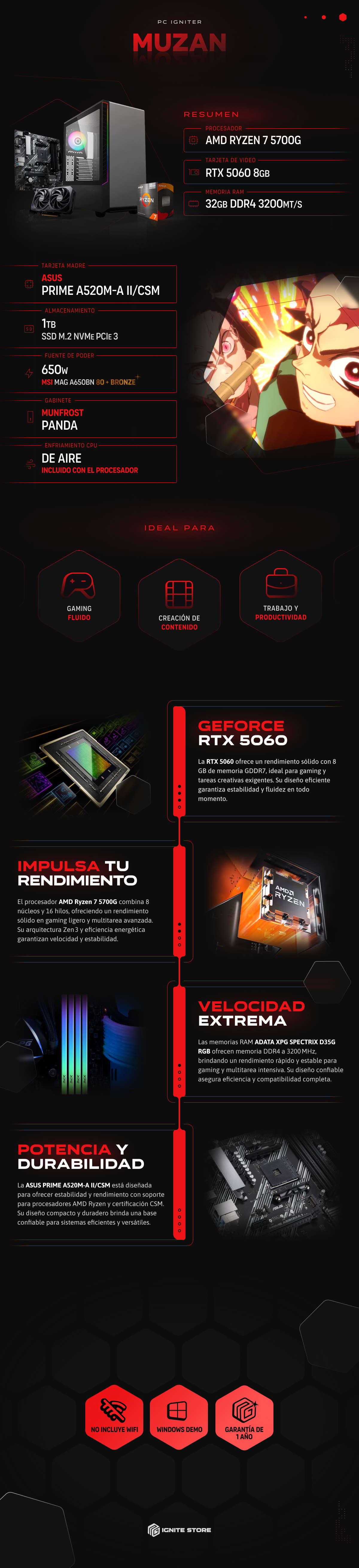 PC Igniter Muzan | R7 5700G | RTX 5060 8GB | 32GB de RAM | SSD 1TB + Monitor de 27"