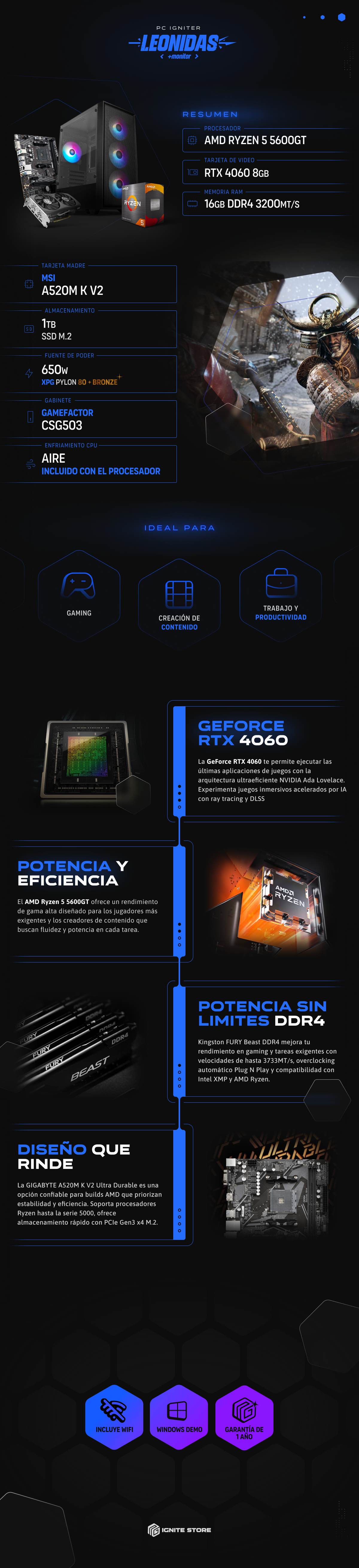 PC IGNITER LEONIDAS - R5 5600GT + RTX4060 + MONITOR