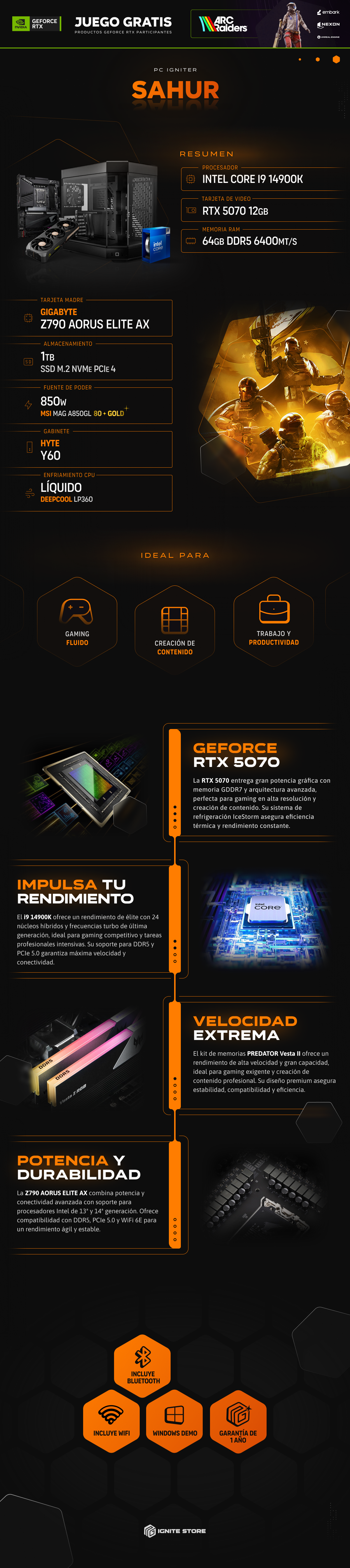 PC Igniter Sahur | Intel Core i9 14900K | RTX 5070 12GB | 64GB de RAM | SSD 1TB