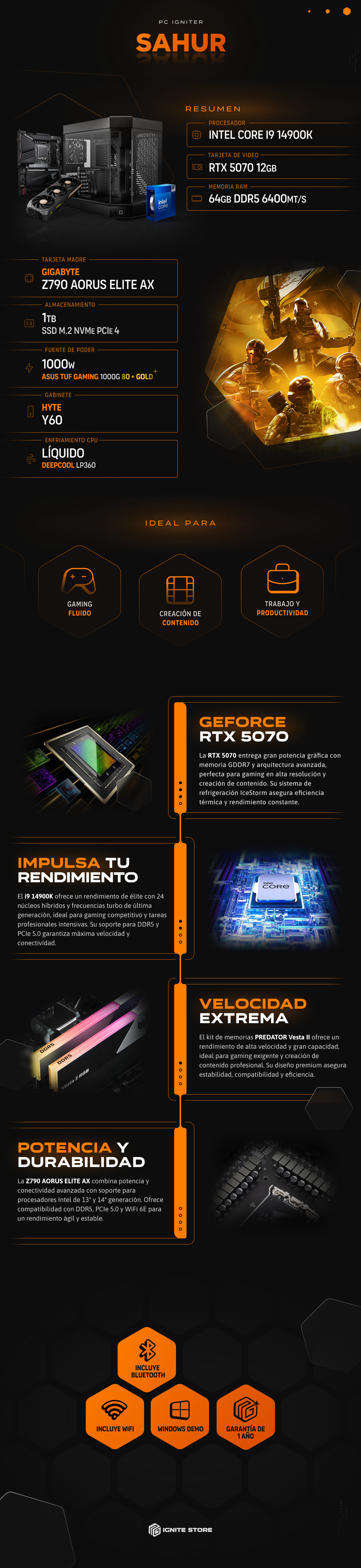 PC Igniter Sahur | Intel Core i9 14900K | RTX 5070 TI 16GB | 64GB de RAM | SSD 1TB