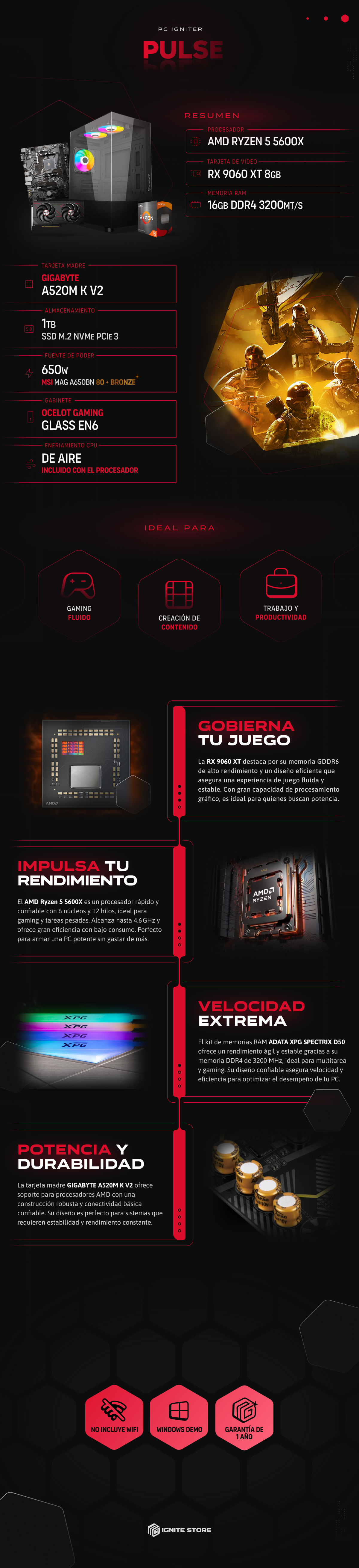 PC Igniter Pulse | R5 5600X | RX 9060 XT 8GB | 16GB de RAM | SSD 1TB