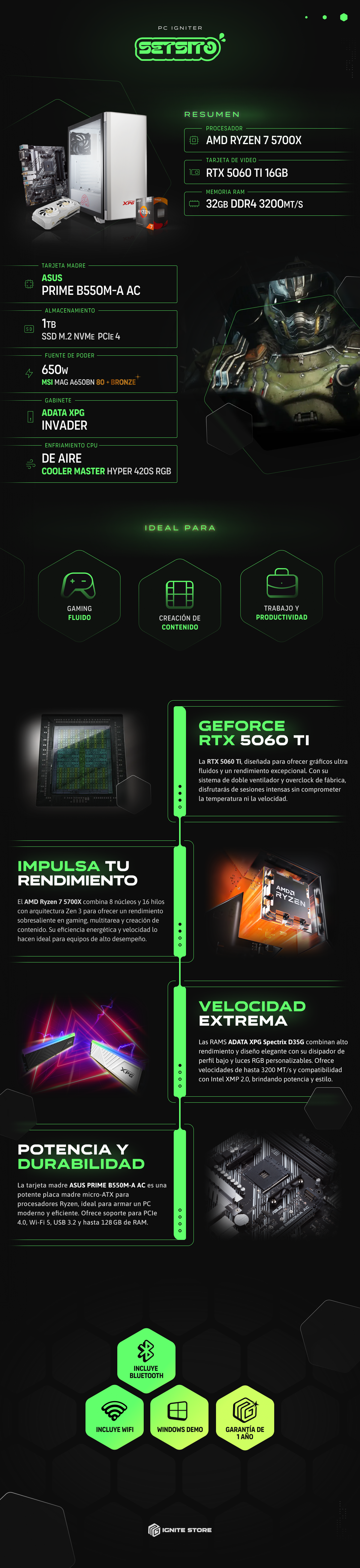PC Igniter Setsito White | R7 5700X | RTX 5060 Ti 16GB | 32GB de RAM | SSD 1TB