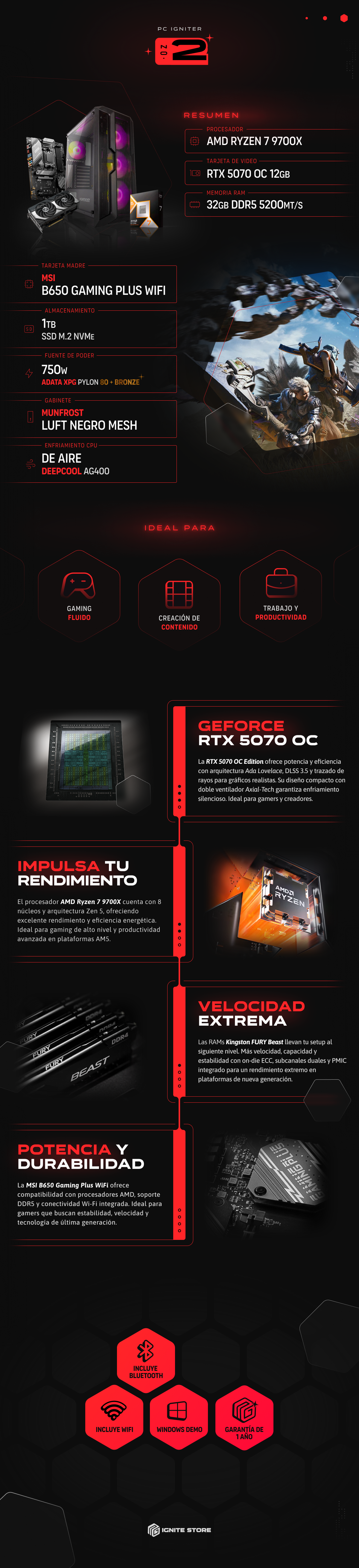 PC Igniter 2 | R7 9700X | RTX 5070 12GB | 32GB de RAM | SSD 1TB