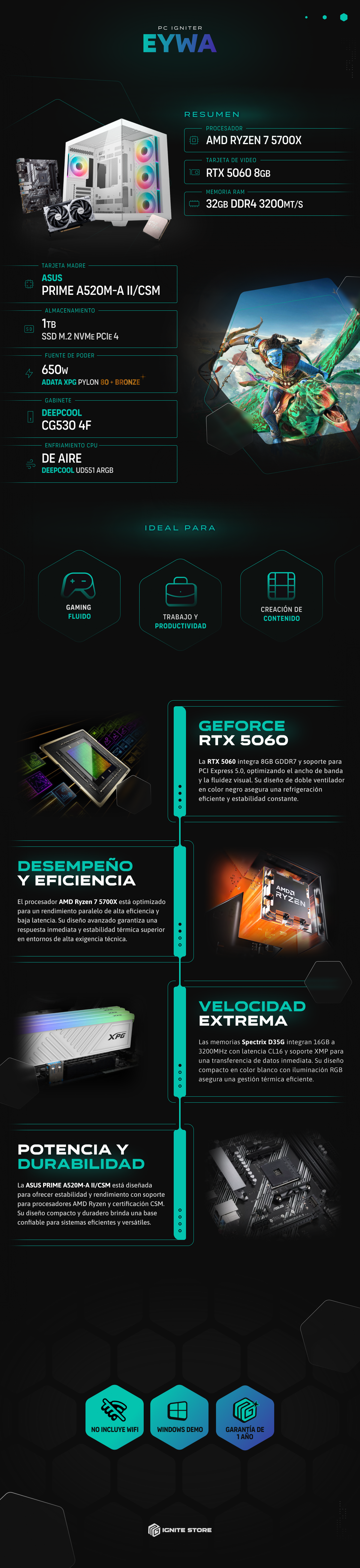 PC Igniter Eywa | R7 5700X | RTX 5060 8GB | 32GB de RAM | SSD 1TB
