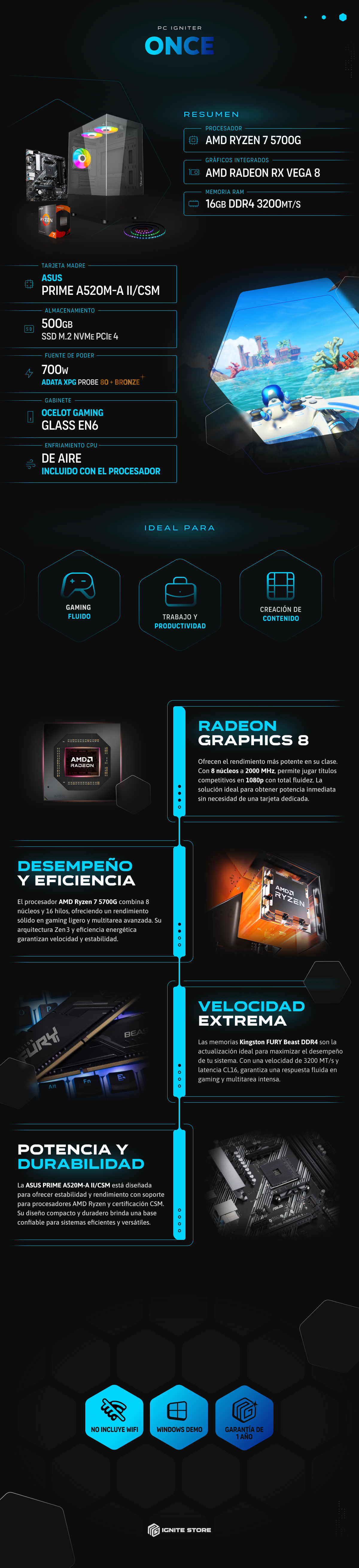 PC Igniter Once | R7 5700G | 16GB de RAM | SSD 500GB + Tira ARGB de Regalo