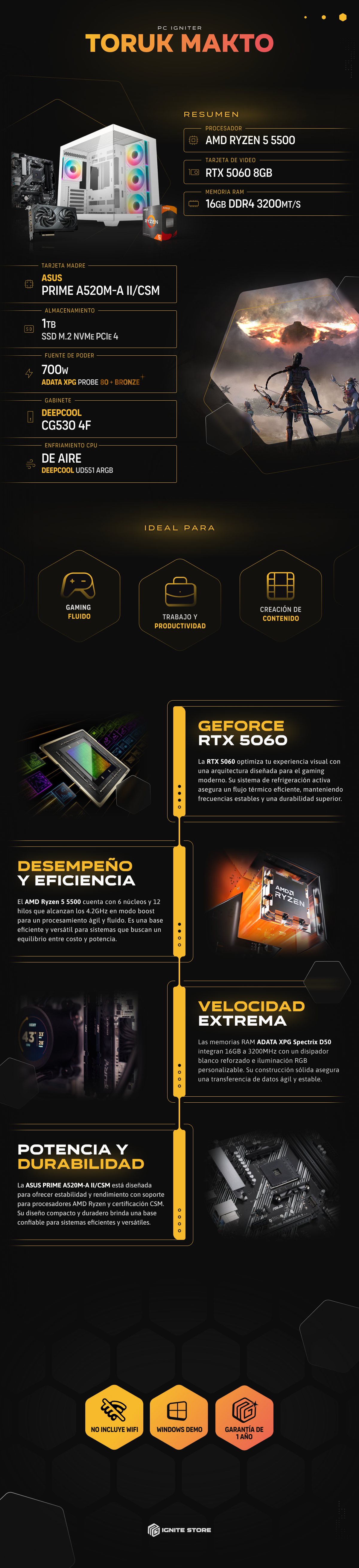 PC Igniter Toruk Makto | R5 5500 | RTX 5060 8GB | 16GB de RAM | SSD 1TB