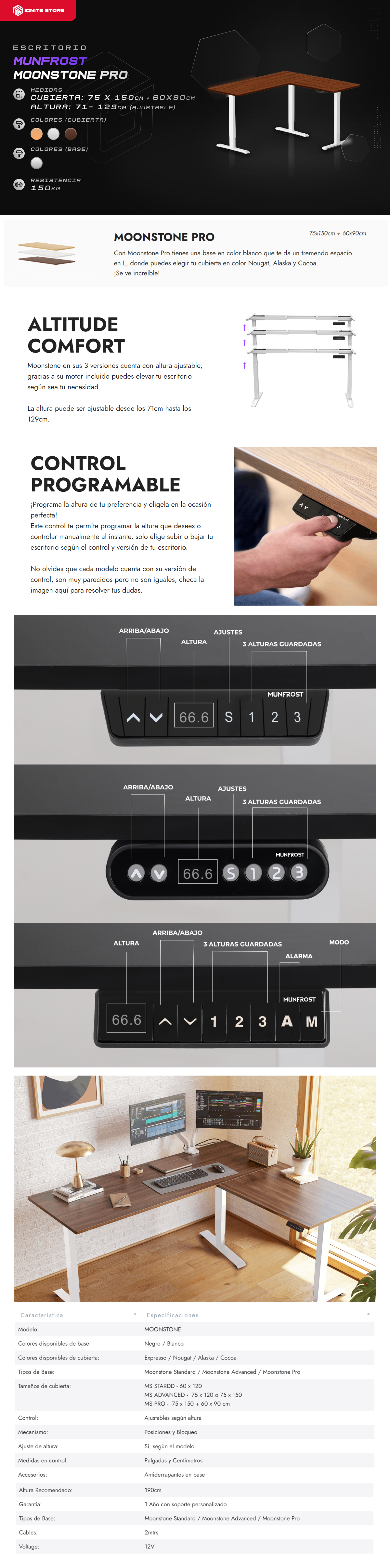 ESCRITORIO ELECTRICO MUNFROST MOONSTONE PRO ALTURA AJUSTABLE 75x150cm + 60x90cm (BAJO PEDIDO)