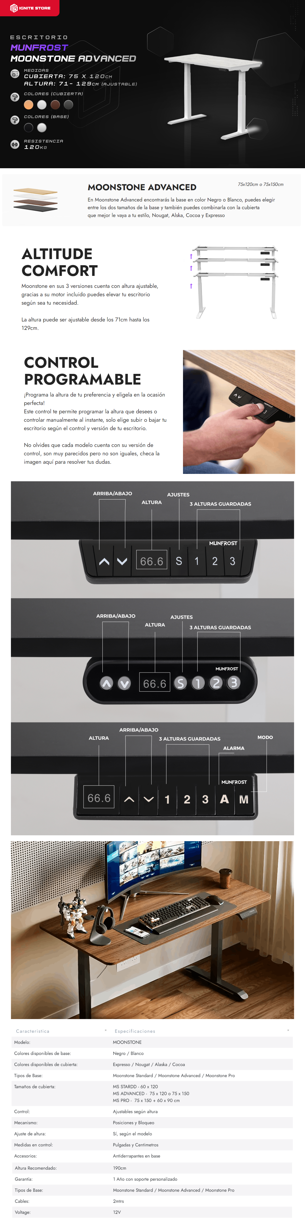 ESCRITORIO ELECTRICO MUNFROST MOONSTONE ADVANCED ALTURA AJUSTABLE 75x120cm (BAJO PEDIDO)