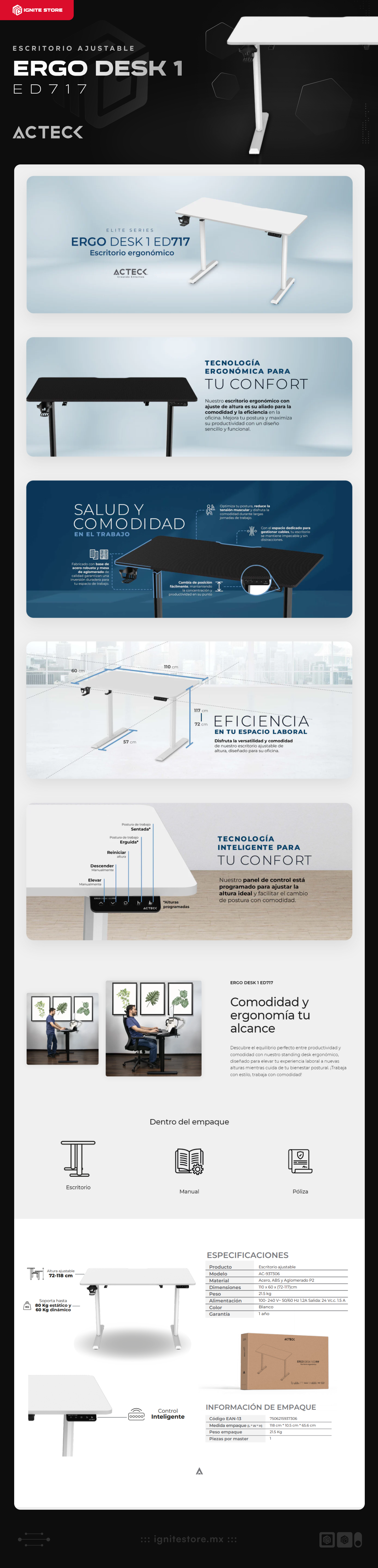 Escritorio Ajustable ACTECK Ergo Desk 1 ED717 | 110 X 60cm | Ajuste Eléctrico de Altura | Panel de control intuitivo | Hasta 60 kg de carga | Color Blanco | AC-937306