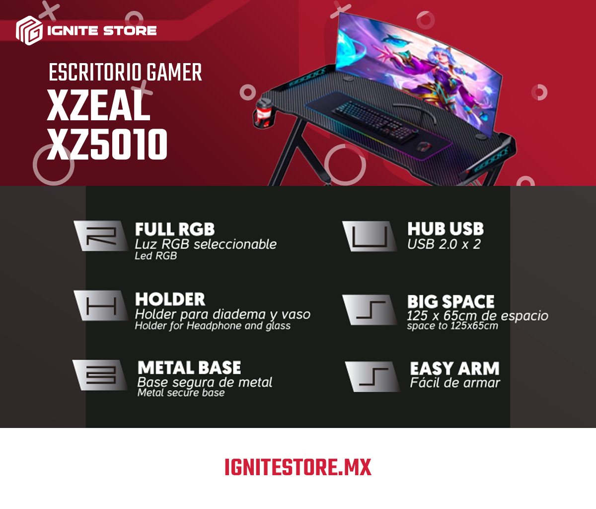 ESCRITORIO GAMER RGB XZEAL BASE PARA HEADSET Y PORTAVASOS 125X65 CM - XZDESG1B