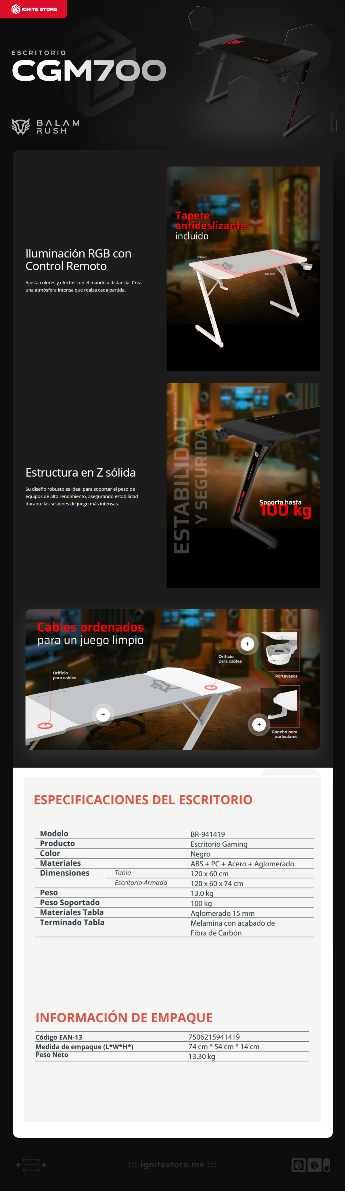 Escritorio Gamer Balamrush Olympus Spot MRX4000 | 120 x 60 cm  | Hasta 100Kg | Porta Vasos/Headset | Incluye mousepad | BR-941419