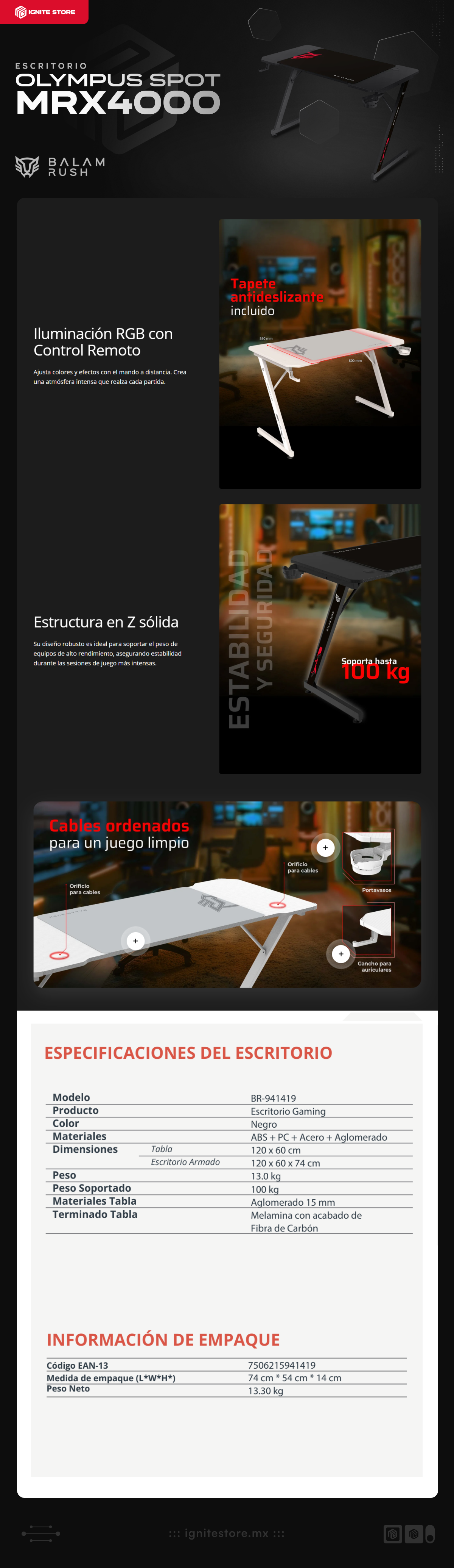Escritorio Gamer Balamrush Olympus Spot MRX4000 | 120 x 60 cm  | Hasta 100Kg | Porta Vasos/Headset | Incluye mousepad | BR-941419