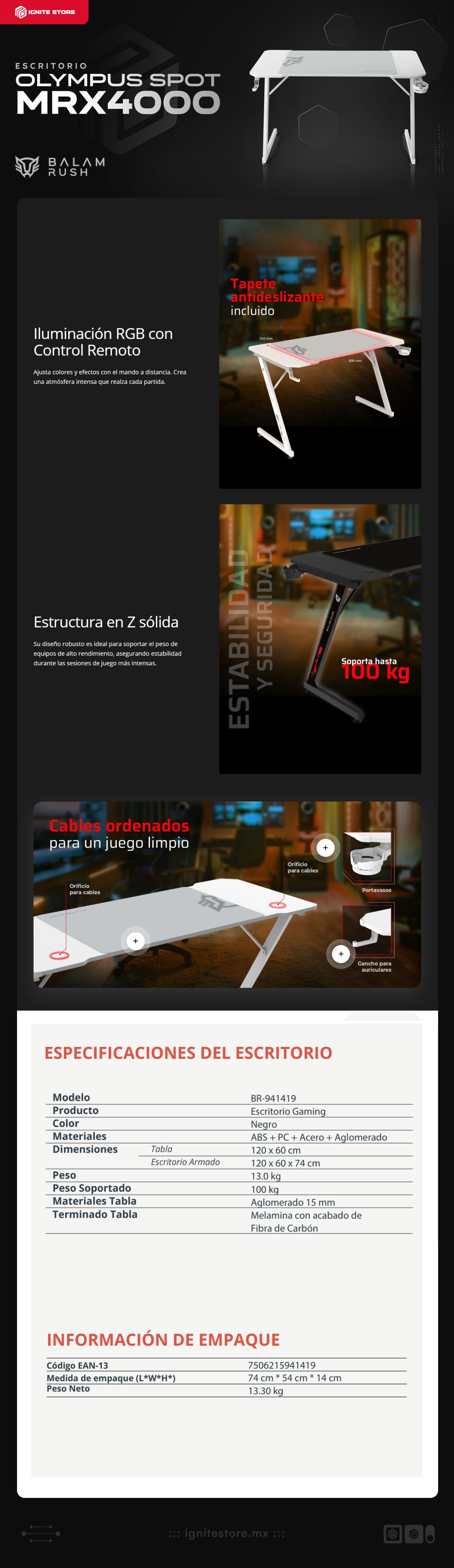 Escritorio Gamer Balamrush Olympus Spot MRX4000 | 120 x 60 cm  | Hasta 100Kg | Porta Vasos/Headset | Incluye mousepad | Color Blanco | BR-941426