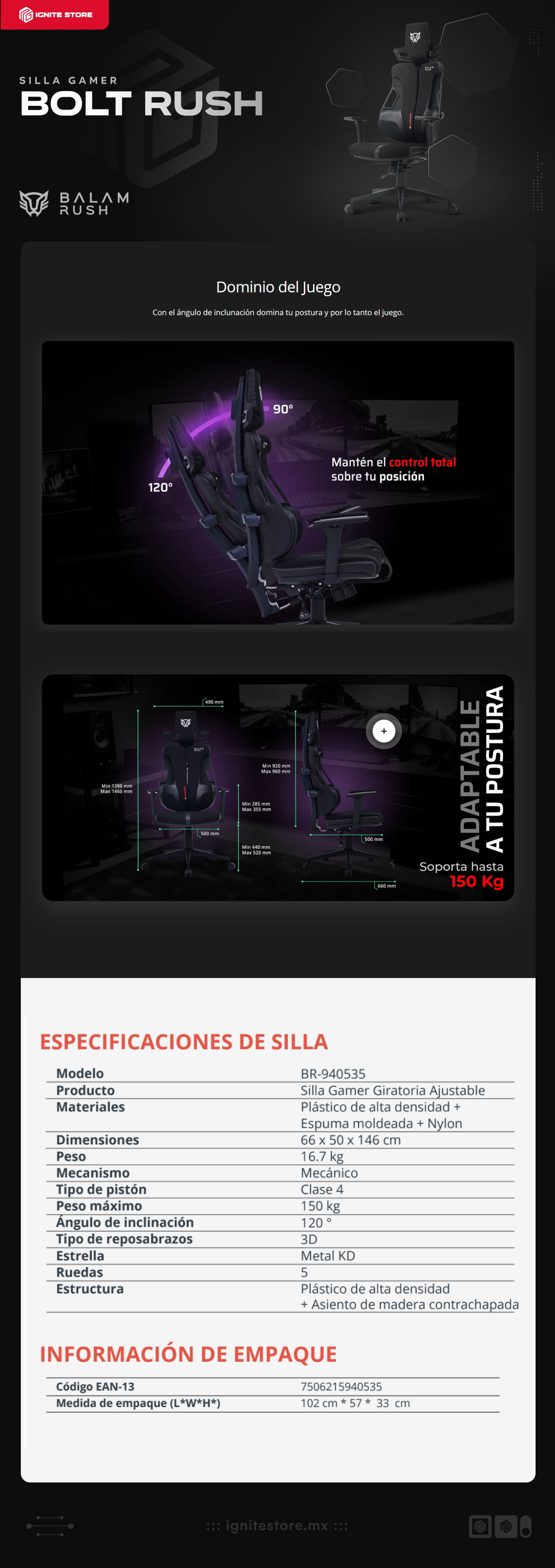 Silla Gamer Balamrush Bolt Rush PT | Hasta 150 kg | Inclinación 120 ° | Reposabrazos 3D | BR-940535