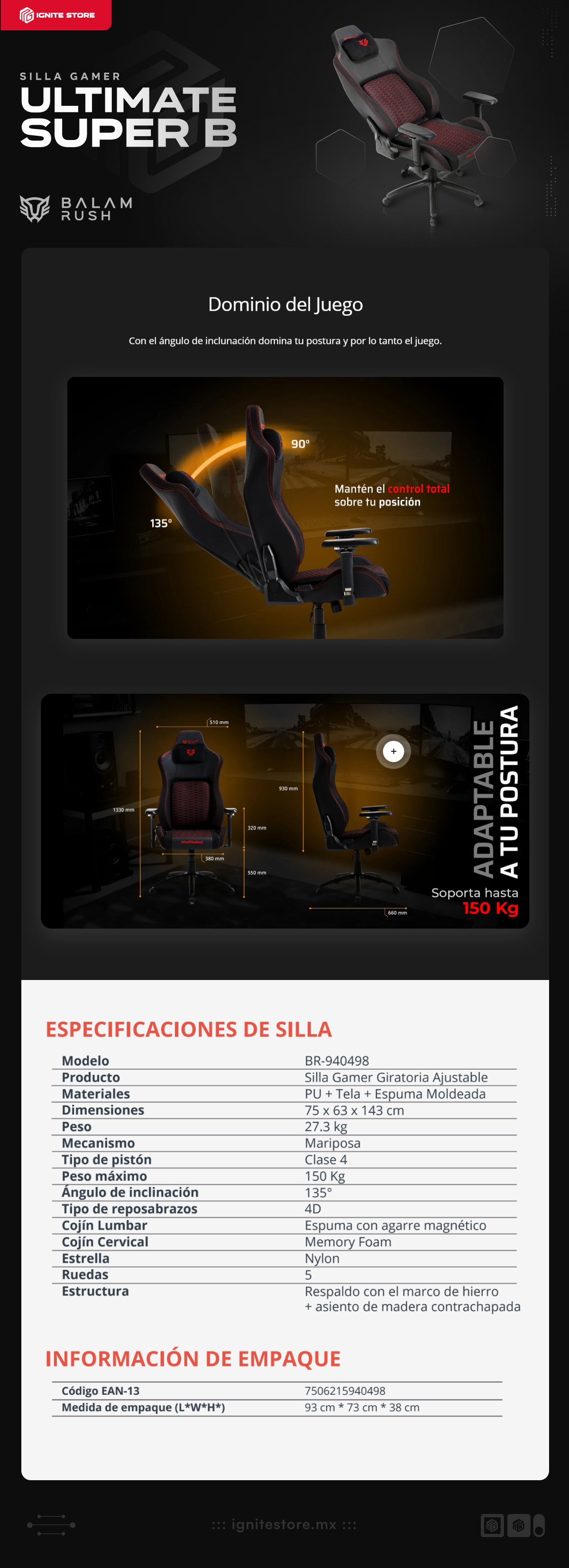 Silla Gamer Balamrush Ultimate Superb U7 | Hasta 150 kg | Inclinación 135° | Reposabrazos 4D | BR-940498