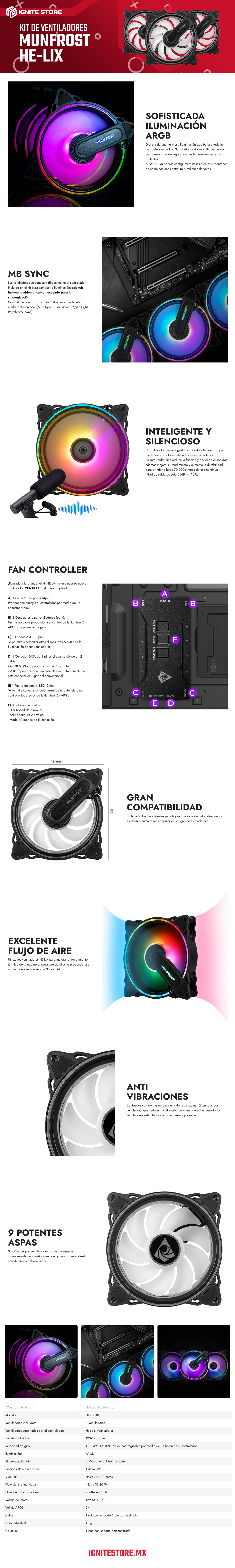 Kit de 3 Ventiladores Munfrost He-lix - Negro - ARGB - 120mm - Incluye Controlador - HE-LIX KIT