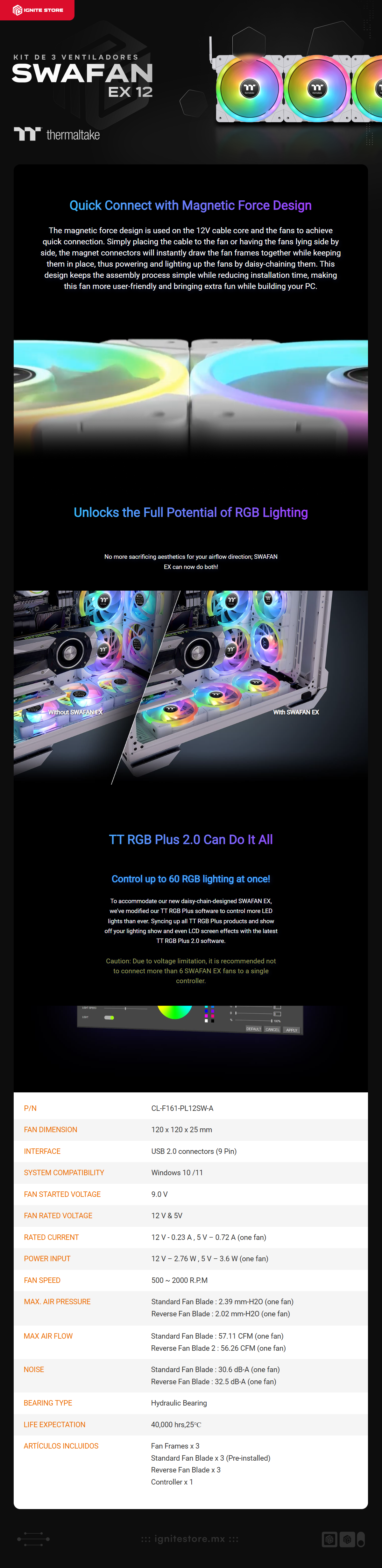 Kit de Ventiladores ThermalTake Swafan EX 12 | RGB | 3 Fan Pack + 3 Extra Fan Blades | 500-2000 RPM | CL-F161-PL12SW-A