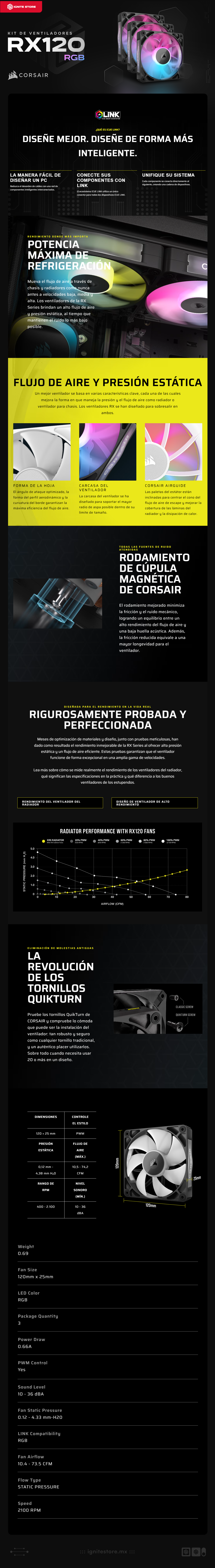 Kit de 3 Ventiladores Corsair iCUE LINK RX120 RGB | 120mm x 25mm (3 Piezas) | RGB |  2100 RPM | Concentrador del sistema iCUE LINK incluido | CO-9051018-WW