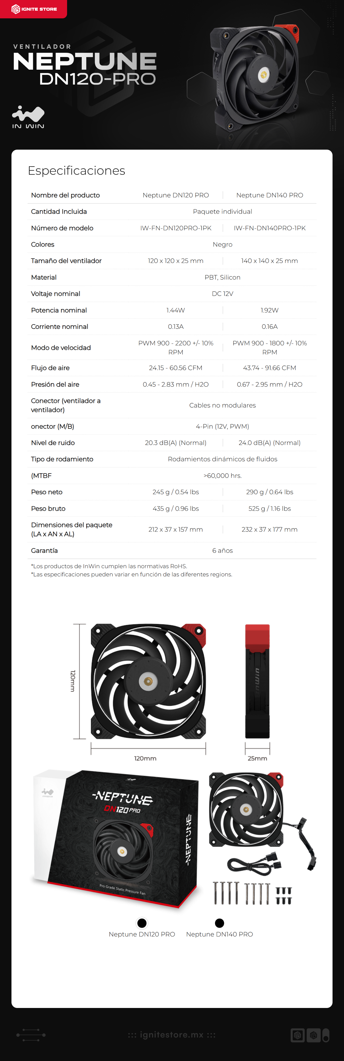 Ventilador InWin Neptune DN120 PRO | 120mm | PWM 900 - 2200 RPM | 20.3 dB(A) | IW-FN-DN120PRO-1PK