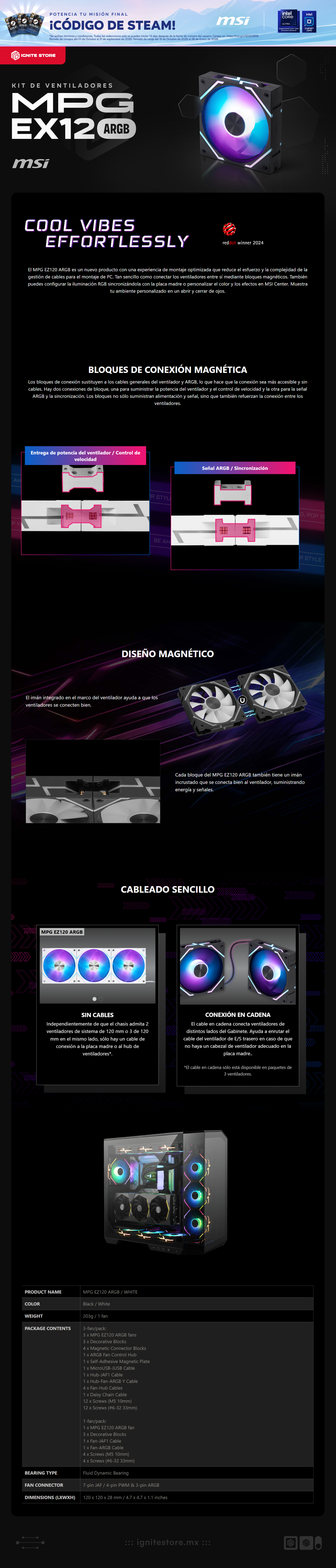 Kit de 3 Ventiladores MSI EZ120 ARGB | 3x120mm | 0~1900 RPM | Color Negro | MPG EZ120 ARGB-3B