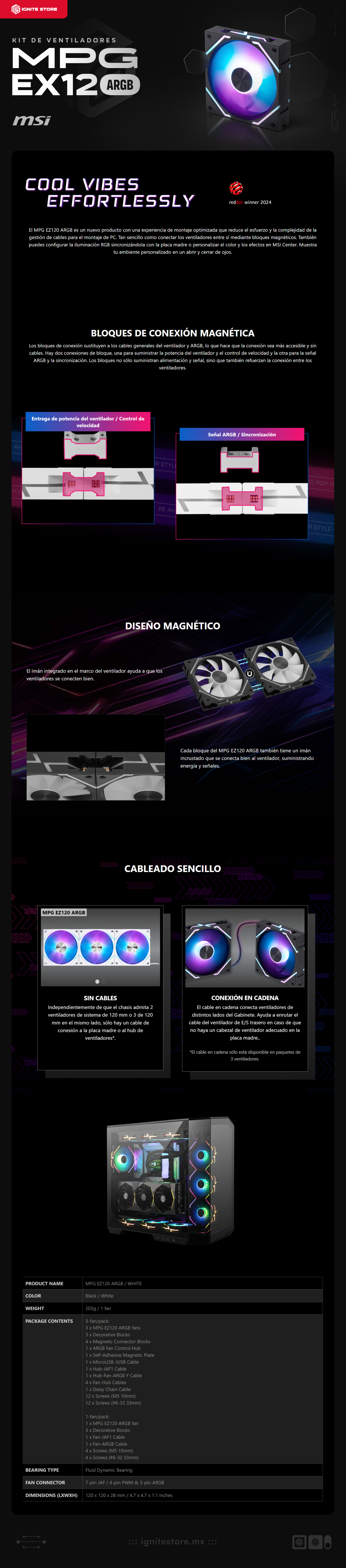 Kit de 3 Ventiladores MSI EZ120 ARGB | 3x120mm | 0~1900 RPM | Color Negro | MPG EZ120 ARGB-3B